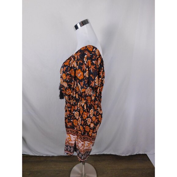 SHEIN Curve Dress Womens 1XL Black Orange Boho Floral Tassel Tie Short Sleeve - Picture 4 of 12